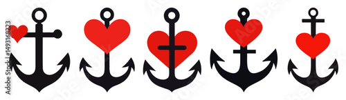 anchors with hearts flat vector shape symbol illustration
