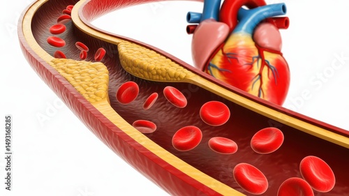 3D view of clogged artery with plaque buildup near the heart.