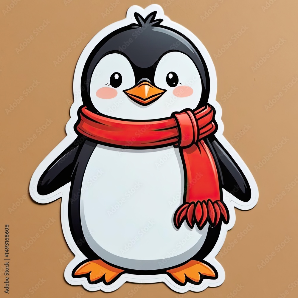 Obraz premium Cute cartoon penguin wearing a red scarf stands against a beige background in a cheerful and playful design