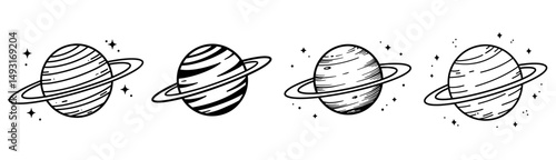 planets with rings space objects sketch silhouette vector