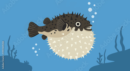 Cute Pixel Art Pufferfish Swimming Underwater