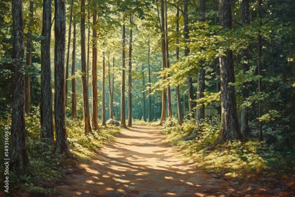 Fototapeta premium Serene forest path with dappled sunlight and tall trees.