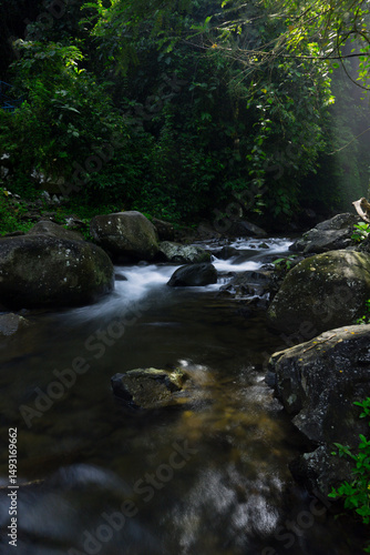 Natural Beauty of Tropical Green Forests with Mountains and Waterfalls in Indonesia