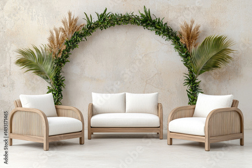 Elegant outdoor lounge set with arching greenery contemporary home decor tranquil setting wide-angle view modern aesthetic