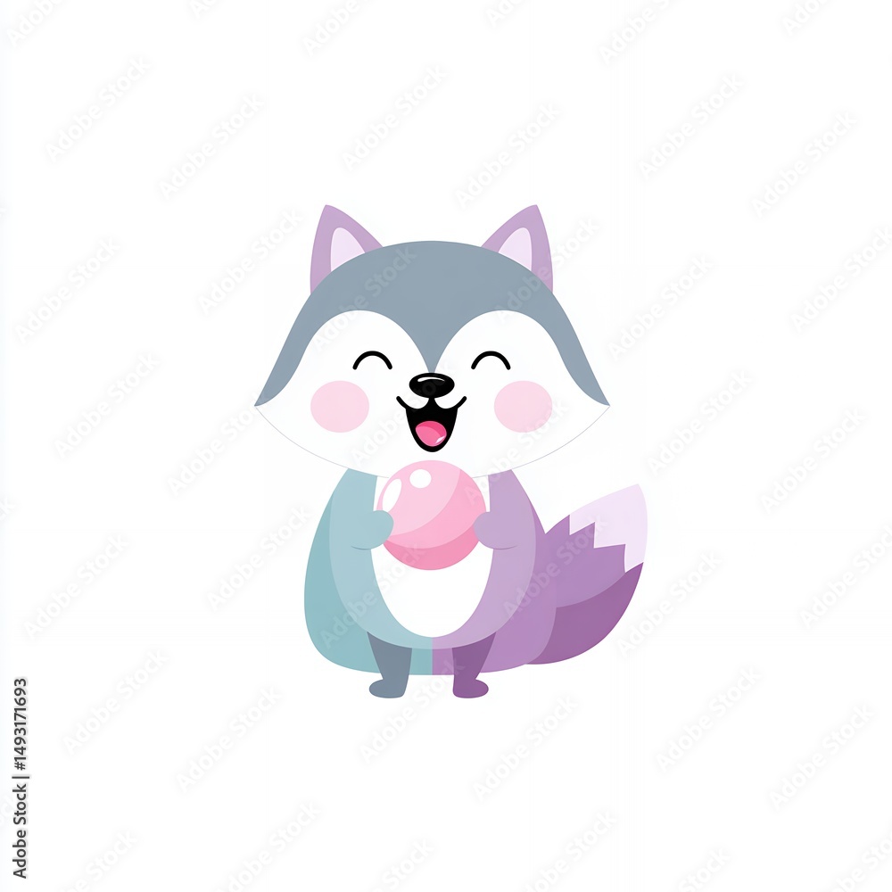 Obraz premium Playful Cartoon Fox with Pink Ball, Pastel Color Palette, Happy Expression, Simple Background