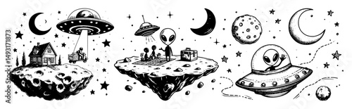 black and white alien and ufo vector set in minimal sci-fi style