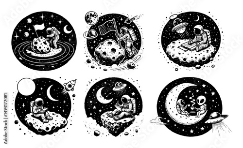 monochrome space badges with astronauts and planets in minimal outline style