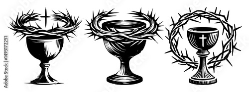 minimal religious chalice illustrations with crown of thorns in black and white