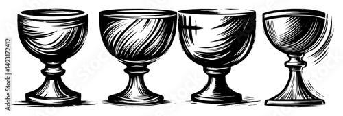 hand drawn chalice vector set in vintage monochrome style