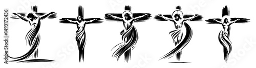 monochrome crucifixion illustrations of jesus on cross in dynamic line style