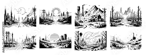 post apocalyptic landscape vector set in detailed black and white style