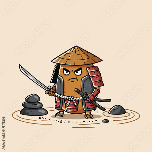 Cartoon Samurai Potato with Swords and Traditional Japanese Zen Garden