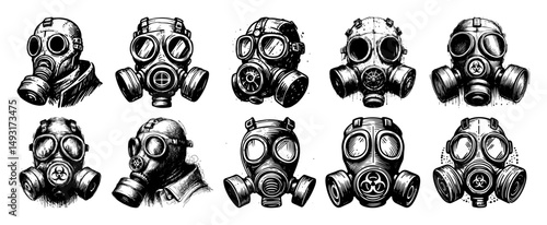 hand drawn gas mask vector set in vintage monochrome style