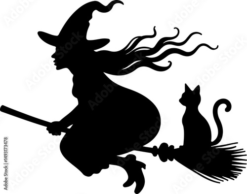 Witch Flying with Cat Silhouette