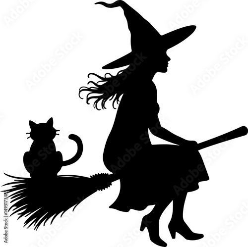 Witch Flying with Cat Silhouette
