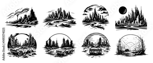 post apocalyptic city and vehicle scenes in vintage monochrome style