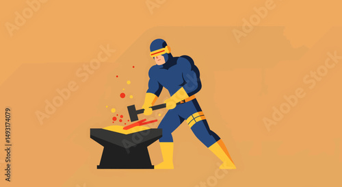 Pixelated Animated Character Forging Metal With Hammer