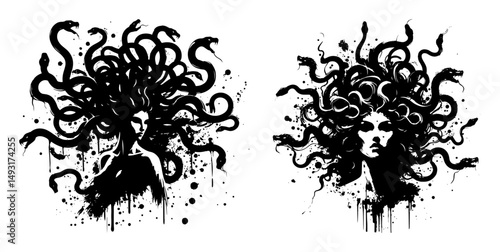 medusa inspired female portraits with snakes in grunge black and white style