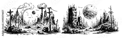 post apocalyptic city ruins with sci-fi elements in monochrome style