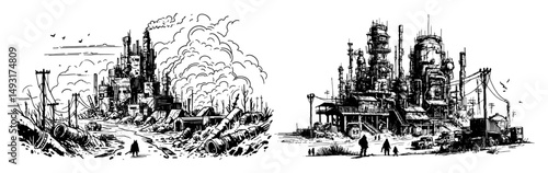 abandoned industrial cityscape in black and white grunge style
