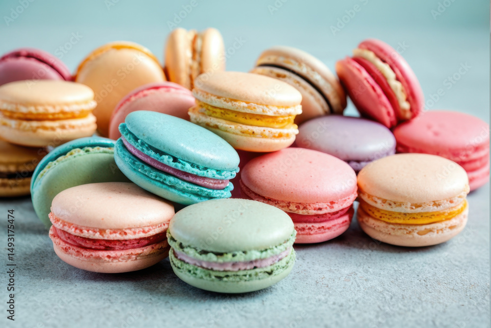 A variety pack of colorful macarons arranged neatly on a flat surface A variety pack of colorful macarons arranged neatly on a flat surface