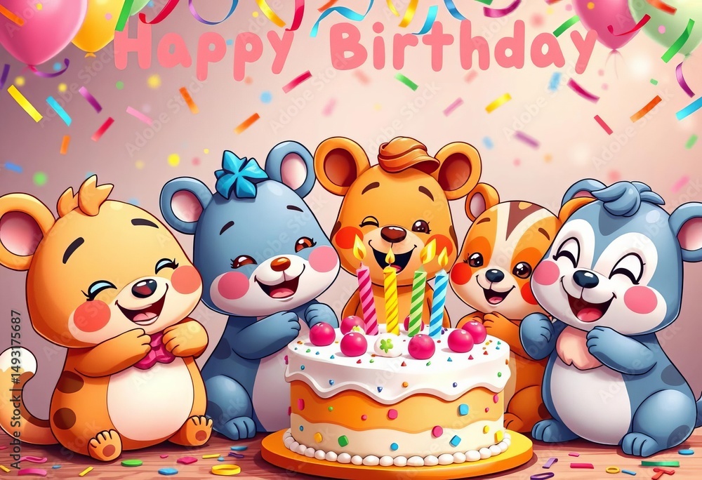 Fototapeta premium Adorable cartoon animals celebrating a birthday with a yummy cake and colorful confetti, joyful, vibrant