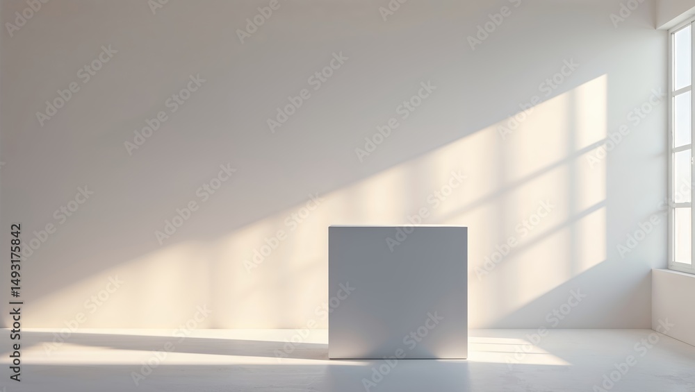 Fototapeta premium Minimalist room with a white cube illuminated by natural light in a calm environment