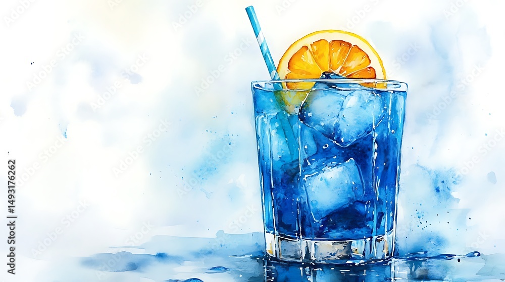 Watercolor of Blue Lagoon cocktail, close-up view, condensation on glass, lemon slice, blue drink shimmering, paper straw, minimal white backdrop, subtle highlights, soft brushwork, hd quality,