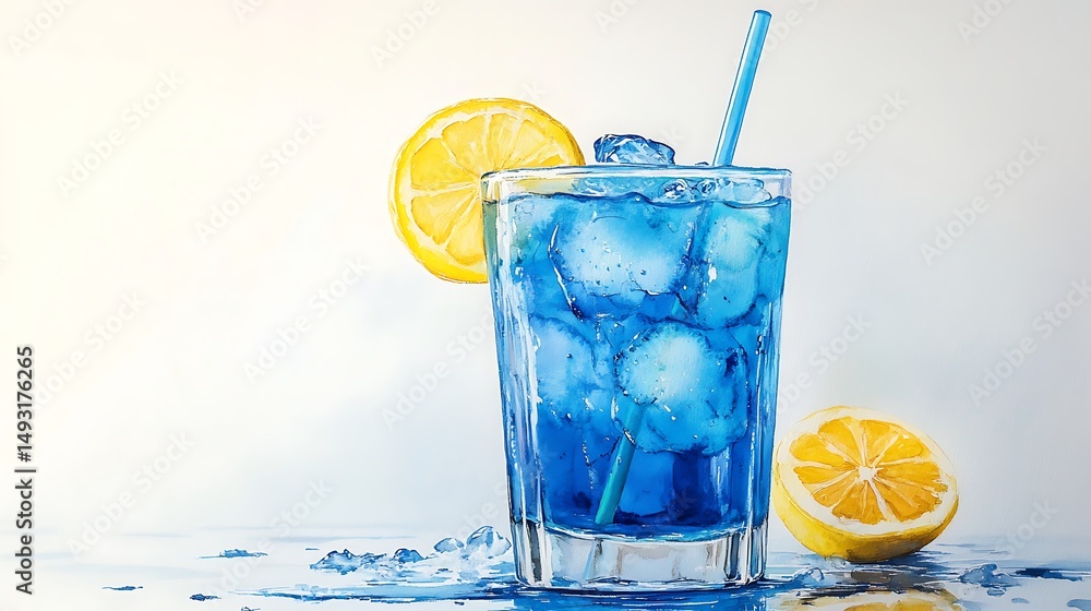 Watercolor of Blue Lagoon cocktail, close-up view, condensation on glass, lemon slice, blue drink shimmering, paper straw, minimal white backdrop, subtle highlights, soft brushwork, hd quality,