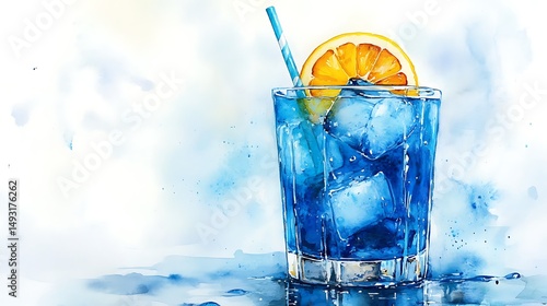 Obraz na płótnie Watercolor of Blue Lagoon cocktail, close-up view, condensation on glass, lemon slice, blue drink shimmering, paper straw, minimal white backdrop, subtle highlights, soft brushwork, hd quality, w salonie