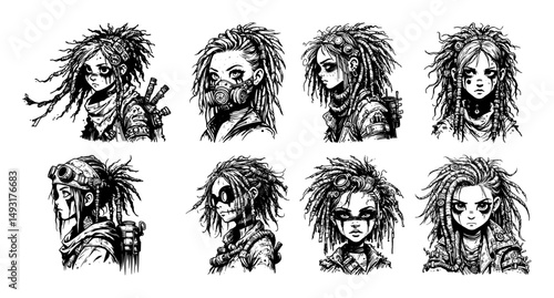 dystopian women character heads in grunge hand drawn black and white style