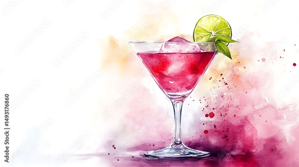 Watercolor of cosmopolitan cocktail, close-up view, frosted glass, pink drink glowing, lime twist, minimal white backdrop, subtle highlights, soft brushwork, hd quality, natural look. --ar 16:9