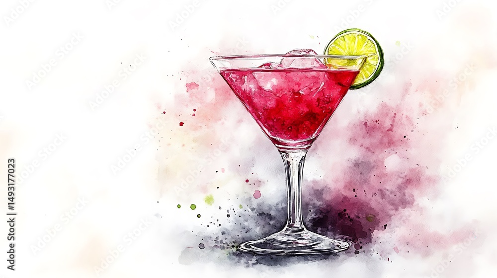 Watercolor of cosmopolitan cocktail, close-up view, frosted glass, pink drink glowing, lime twist, minimal white backdrop, subtle highlights, soft brushwork, hd quality, natural look. --ar 16:9