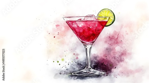 Obraz na płótnie Watercolor of cosmopolitan cocktail, close-up view, frosted glass, pink drink glowing, lime twist, minimal white backdrop, subtle highlights, soft brushwork, hd quality, natural look. --ar 16:9 w salonie