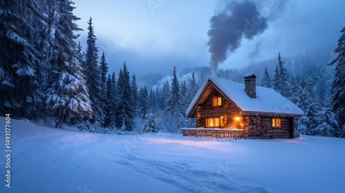 Cozy winter cabin nestled in snowy mountains. Warm light from inside the log house, surrounded by frosted evergreens