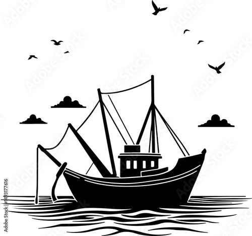 Fishing Boat at Sea Silhouette