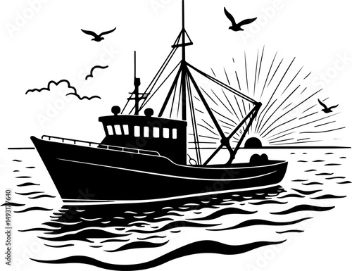 Fishing Boat at Sea Silhouette