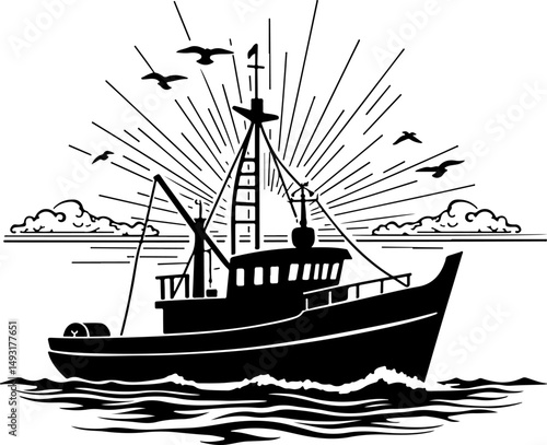 Fishing Boat at Sea Silhouette