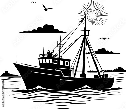 Fishing Boat at Sea Silhouette