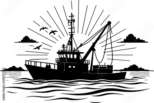 Fishing Boat at Sea Silhouette