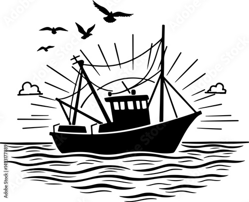Fishing Boat at Sea Silhouette