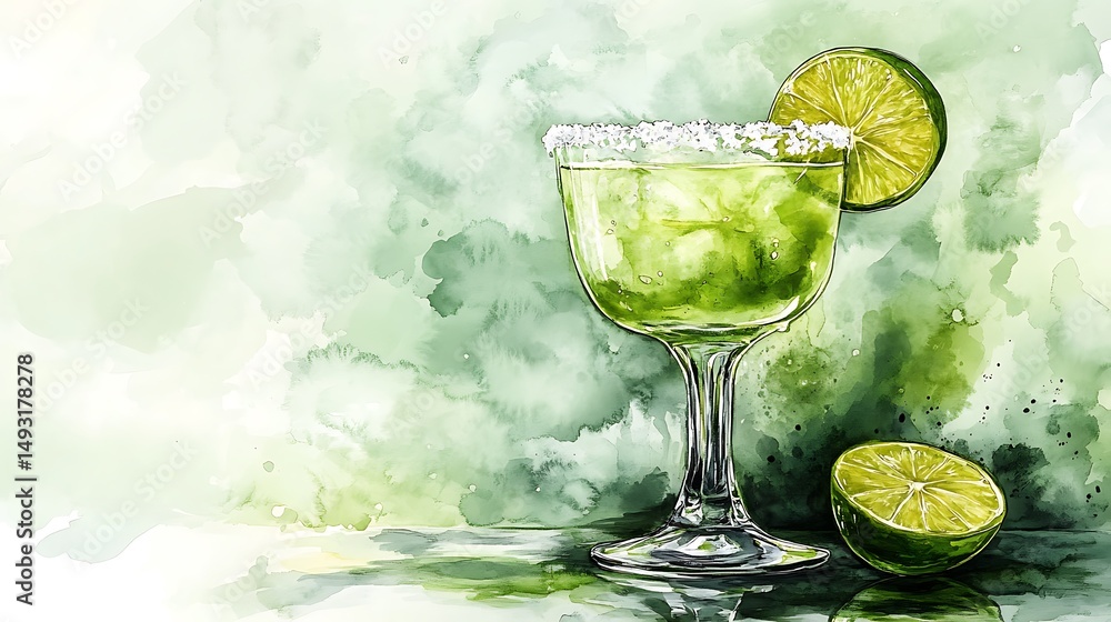 Watercolor of margarita, glass rim glistening with salt, pale green drink with lime slice, reflective marble surface, cool lighting, airy green tones, soft brushwork, hd quality, natural look.
