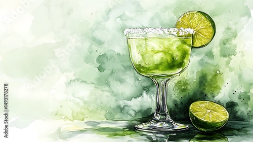 Obraz na płótnie Watercolor of margarita, glass rim glistening with salt, pale green drink with lime slice, reflective marble surface, cool lighting, airy green tones, soft brushwork, hd quality, natural look. w salonie