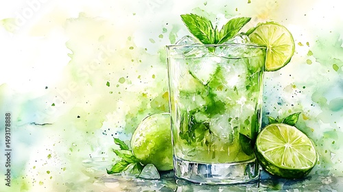 Obraz na płótnie Watercolor of mojito cocktail, close-up view, condensation on glass, mint sprig bursting from top, lime slice on rim, soft focus background with hints of tropical foliage, fresh color palette, w salonie