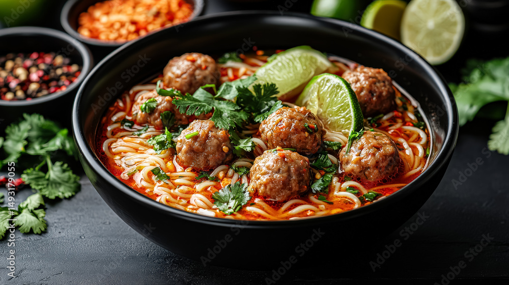 Bowl of meatballs and noodles with a lime garnish. The bowl is black and the meatballs are red Bowl of meatballs and noodles with a lime garnish. The bowl is black and the meatballs are red