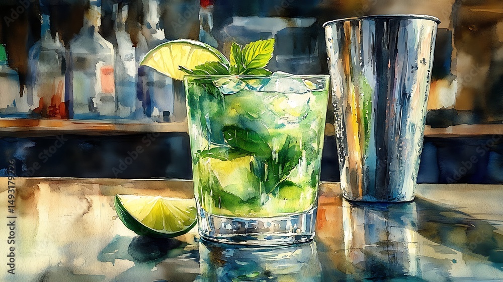 Watercolor of mojito, glass on bar counter, cocktail shaker in background, lime wedge on edge, mint bouquet, cool lighting, reflective surface, delicate washes, detailed highlights, hd quality,