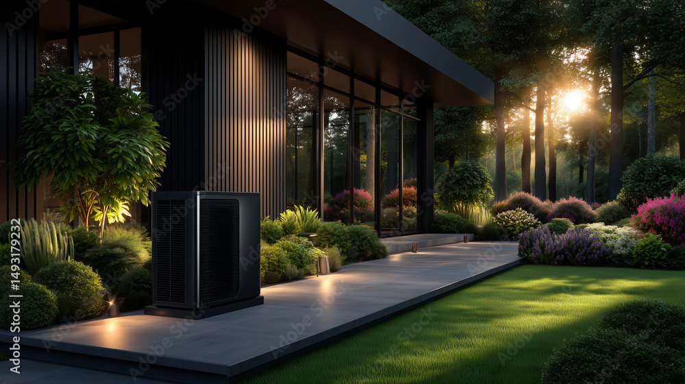Fototapeta premium A heat pump in front of a modern house 