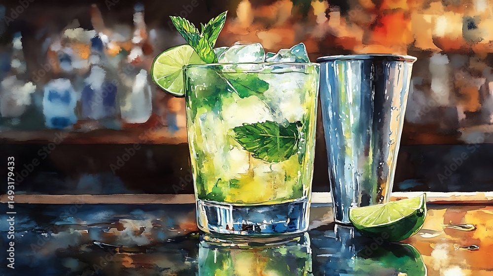 Watercolor of mojito, glass on bar counter, cocktail shaker in background, lime wedge on edge, mint bouquet, cool lighting, reflective surface, delicate washes, detailed highlights, hd quality,
