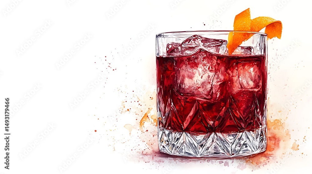 Watercolor of Negroni cocktail, close-up view, crystal glass with faceted texture, glowing red liquid, orange twist on rim, minimal white backdrop, subtle highlights, soft brush strokes, hd quality,