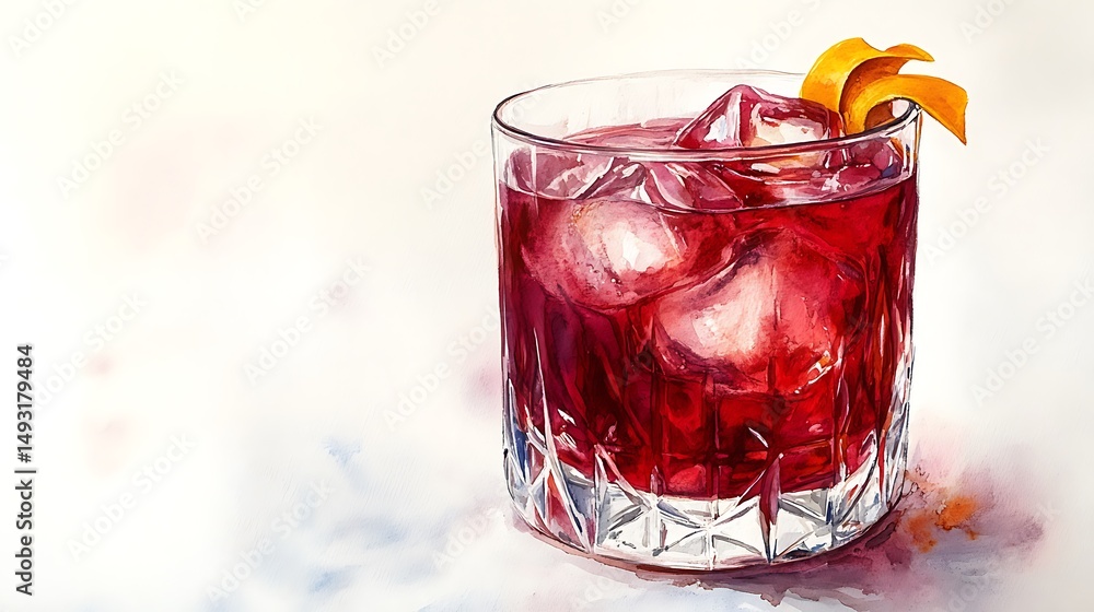 Watercolor of Negroni cocktail, close-up view, crystal glass with faceted texture, glowing red liquid, orange twist on rim, minimal white backdrop, subtle highlights, soft brush strokes, hd quality,